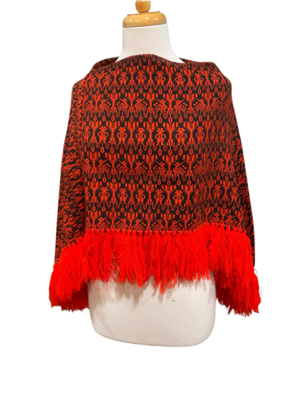 Vtg Women's handmade Woven Poncho One Size Red Black Patterned Wrap